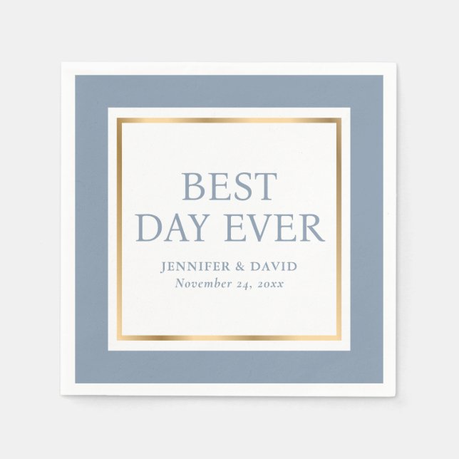 Serviette En Papier Script moderne Dusty Blue Gold Mariage serviettes (Devant)