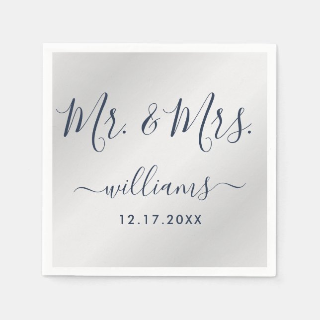 Serviette En Papier Script moderne Marine Bleu et Argent M. et Mme. (Devant)