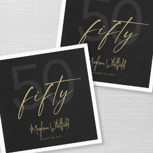 Serviette En Papier Script Or Noir Cinquante Moderne Fête d'anniversai