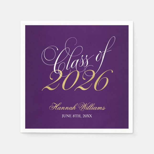 Serviette En Papier Script Purple Gold Classe de 2025 Graduation (Devant)