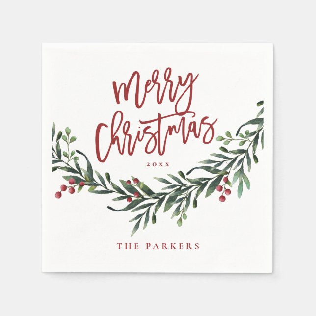 Serviette En Papier Script rouge moderne Joyeux décor de Noël (Devant)