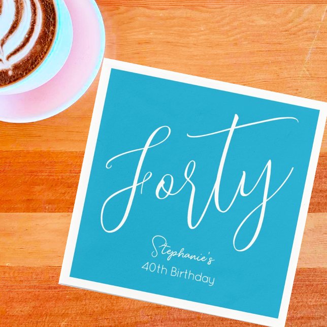 Serviette En Papier Script simple moderne Aqua Blue 40th Birthday Part (Créateur téléchargé)