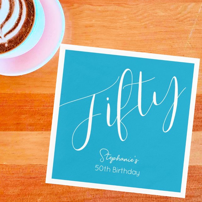 Serviette En Papier Script simple moderne Aqua Blue 50e anniversaire (Créateur téléchargé)