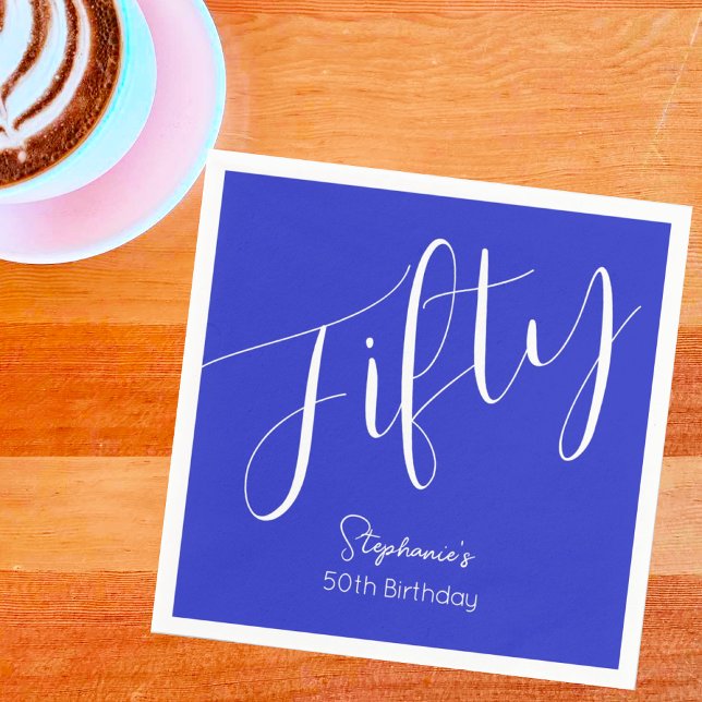 Serviette En Papier Script simple moderne Royal Blue 50th Birthday (Créateur téléchargé)