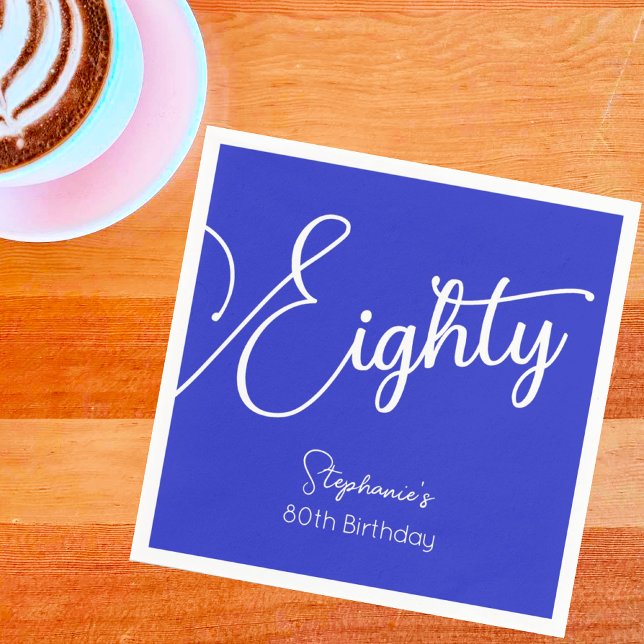 Serviette En Papier Script simple moderne Royal Blue 80th Birthday (Créateur téléchargé)