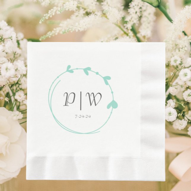 Serviette En Papier Seafoam Simple Coeur Wreath Monogram Mariage (In Situ Wedding)