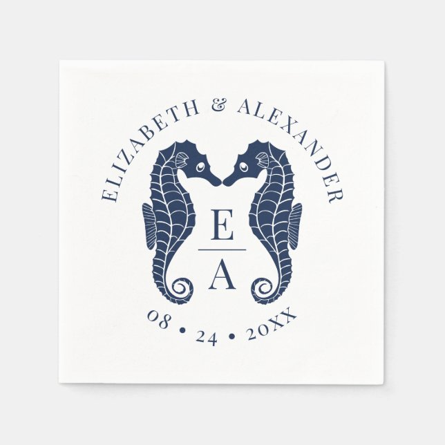 Serviette En Papier Seahorses Monogram Beach Mariage Marine Blue (Devant)
