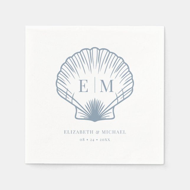 Serviette En Papier Seashell Beach Monogram Dusty Blue Mariage (Devant)