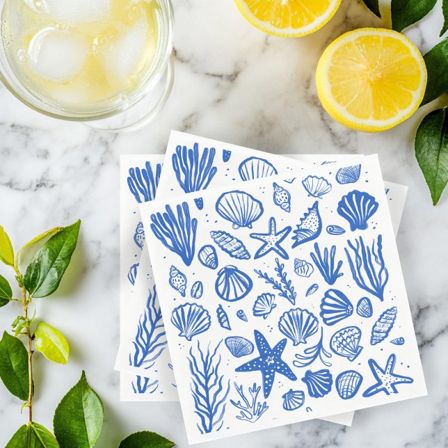 Serviette En Papier Seashells Beach Wedding Bleu Blanc Cute Balnéaire (Seashells Beach Wedding Blue White Cute Seaside Napkins
)