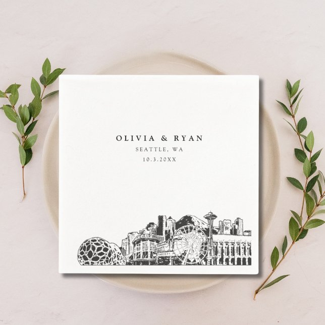 Serviette En Papier Seattle Skyline Mariage papier Cocktail Napkin (Seattle party skyline napkin Seattle Wedding )