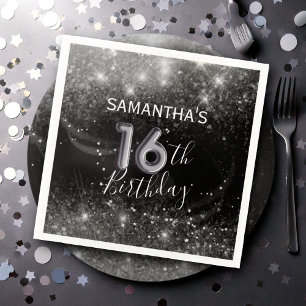 Serviette En Papier Seizième Anniversaire Argent Paillettes et noir