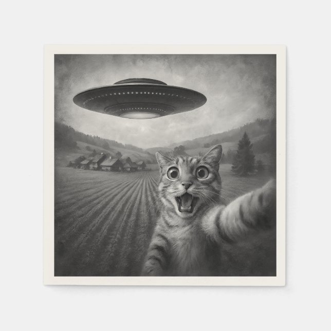 Serviette En Papier Selfie De Chat Avec Alien UFO Drôle Cadeaux De Cha (Devant)