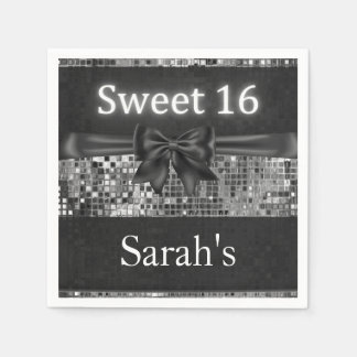 Serviette En Papier Séquin d'argent et corbeille noire 16 serviettes