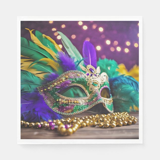 Serviette En Papier Séquin Mardi Gras Masque Avec Perles (Devant)