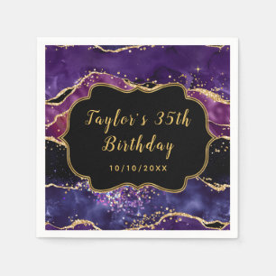 Serviette En Papier Séquines violette foncée et or Agate Anniversaire