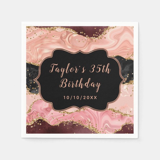 Serviette En Papier Séquins noirs et roses Agate Anniversaire (Devant)