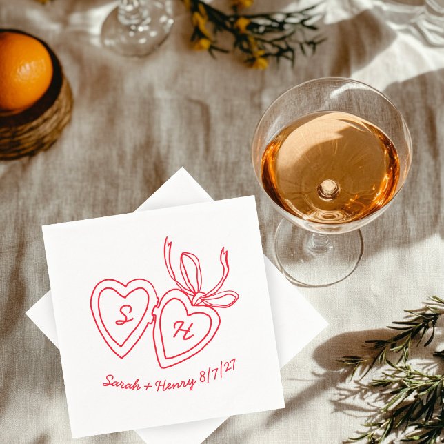 Serviette En Papier Serrure de coeur Whimsical Doodle Croquis moderne  (Whimsical Heart Locket Doodle Sketch Modern CUSTOM Napkins red White
)