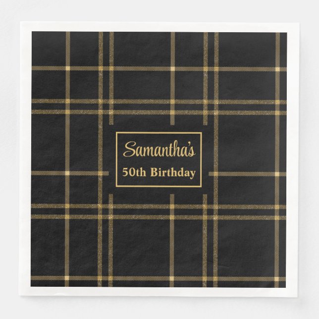 Serviette En Papier Serviettes d'anniversaire Élégant Noir Or Monogram (Devant)