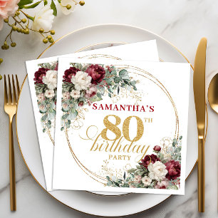 Serviette En Papier Serviettes de 80e anniversaire Floral Boho Bourgog