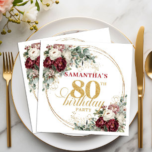 Serviette En Papier Serviettes de 80e anniversaire florales bordeaux o