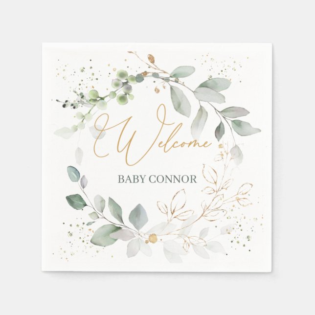 Serviette En Papier Serviettes de Baby shower de feuillage d'or vert (Devant)