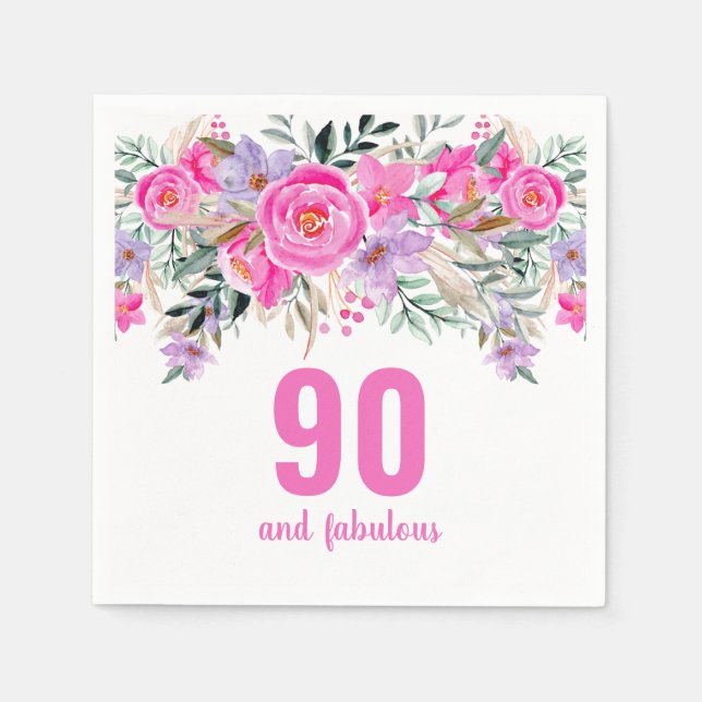 Serviette En Papier Serviettes de fête fleurie rose 90e anniversaire (Devant)