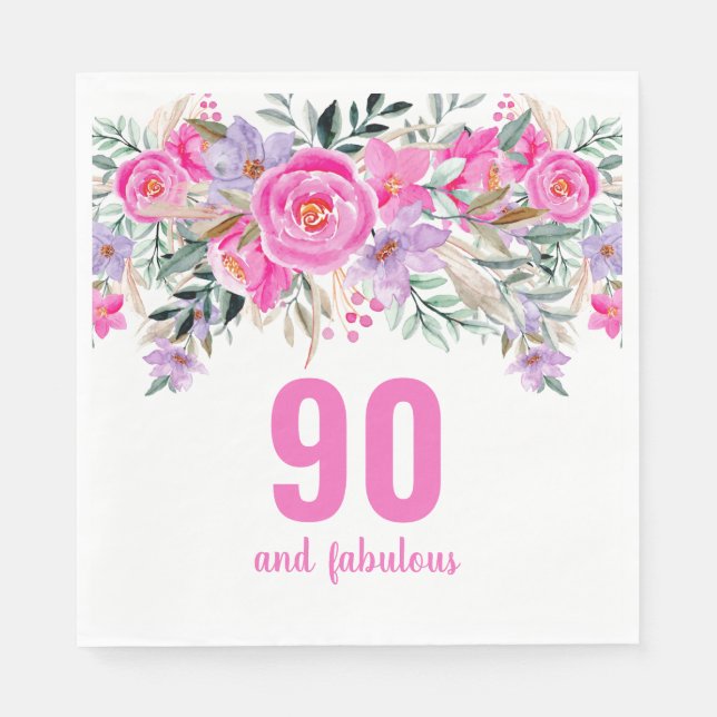 Serviette En Papier Serviettes de fête fleurie rose 90e anniversaire (Devant)