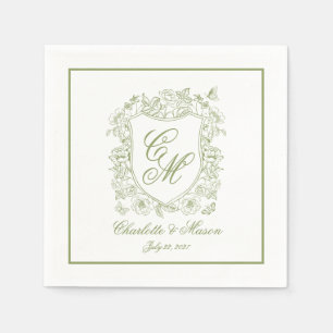 Serviette En Papier Serviettes de mariage à écriture et blason Vert Sa