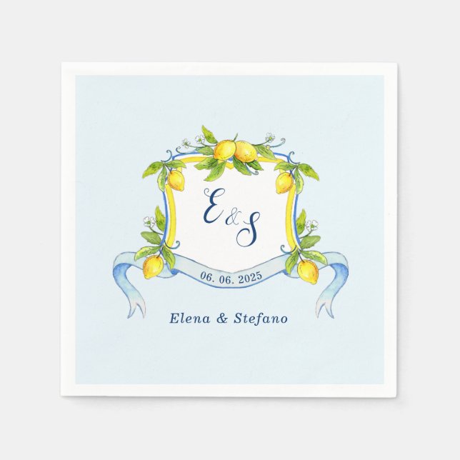 Serviette En Papier Serviettes de mariage bleu monogramme citron vinta (Devant)