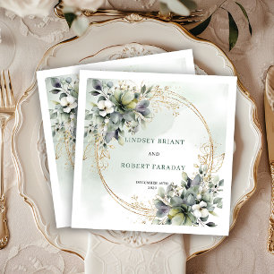 Serviette En Papier Serviettes de mariage élégantes Bohème verte dorée