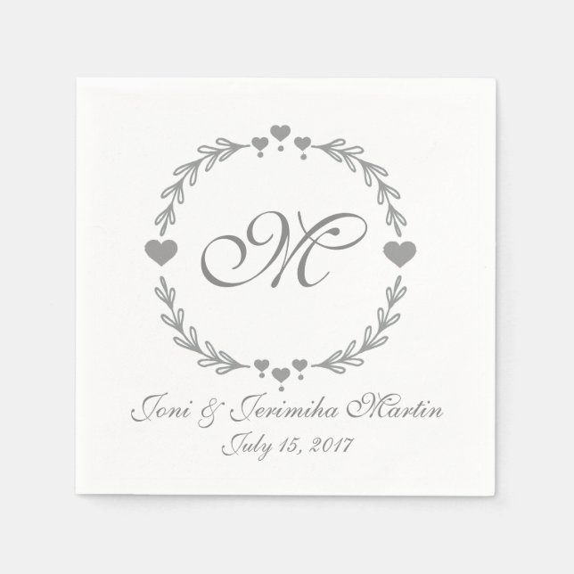 Serviette En Papier Serviettes de Mariage monogramme au coeur d'argent (Devant)