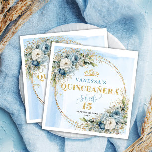 Serviette En Papier Serviettes de Quinceañera florales bleu poussiéreu