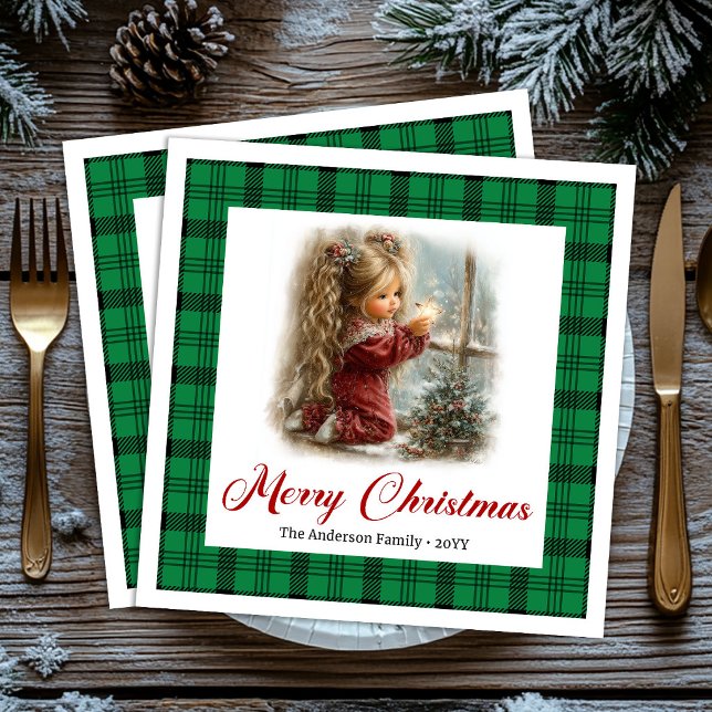 Serviette En Papier Serviettes de table élégantes rouge vert scène fes (Elegant Red Green Festive Winter Scene Napkins)