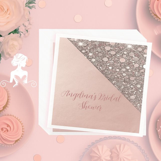 Serviette En Papier Serviettes élégantes rose doré pour douche de mari (Elegant rose gold bridal shower napkin with foil, glitter accents, and custom name and event text.)