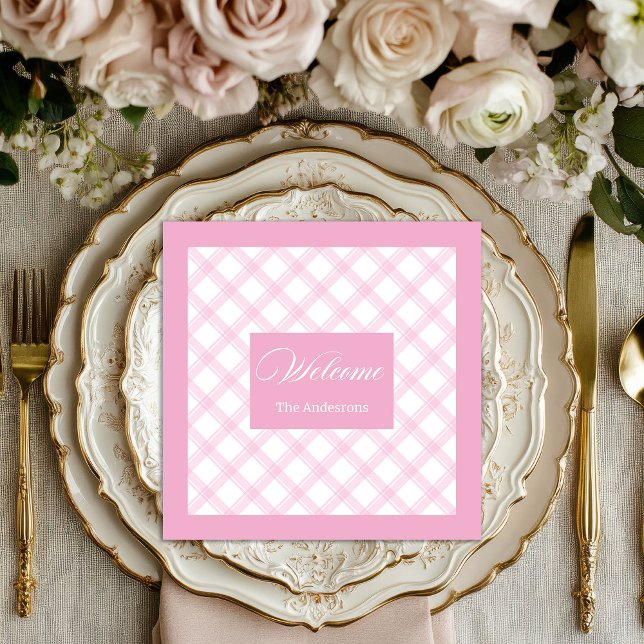 Serviette En Papier Serviettes en plastique rose clair personnalisées  (Light Pink Plaid Napkins Personalized and Chic)