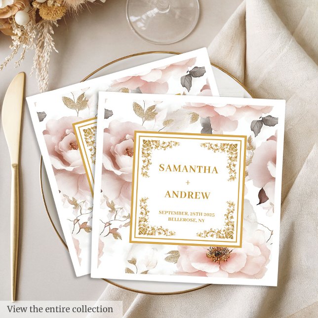 Serviette En Papier Serviettes mariages classiques en ivoire roux doré (Classic blush ivory gold floral wedding napkins)
