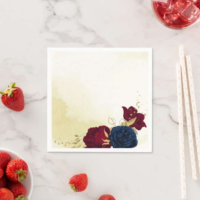 Serviette En Papier serviettes mariages feuilles en or de fleurs rouge (En situation)