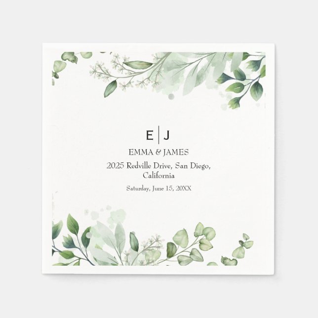 Serviette En Papier Serviettes minimes de Mariage chic verdoyantes (Devant)