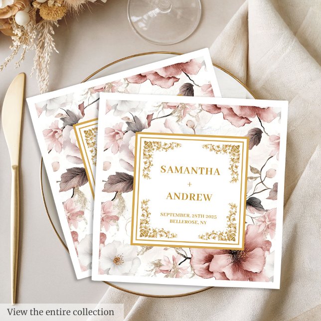 Serviette En Papier Serviettes romantiques en ivoire roux doré (Romantic blush ivory gold floral paper napkins)