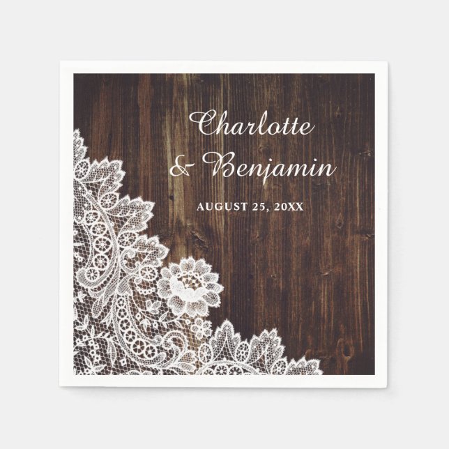 Serviette En Papier Serviettes rustiques en bois et Mariage dentelle (Devant)
