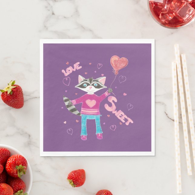 Serviette En Papier Serviettes violettes Saint-Valentin avec raton lav (En situation)