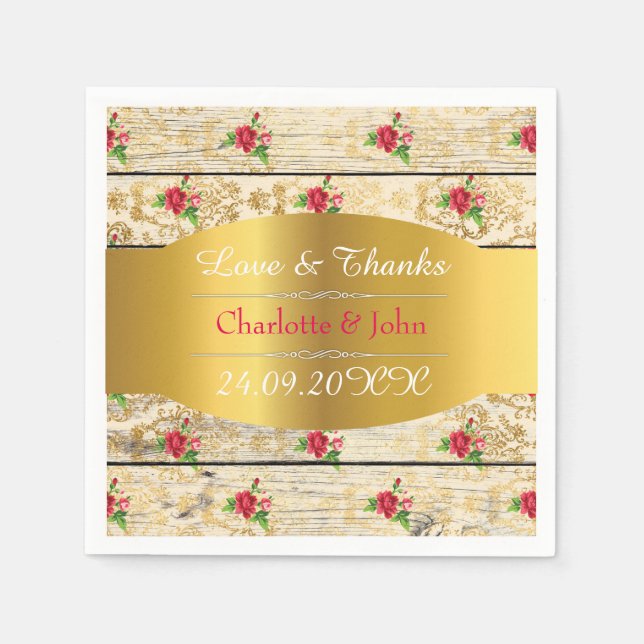 Serviette En Papier Shabby Chic Personnalisé Golden Rustic Mariage (Devant)