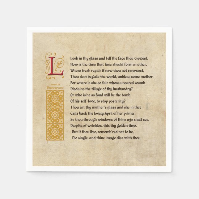 Serviette En Papier Shakespeare Sonnet 3 (III) sur Parchemin (Devant)