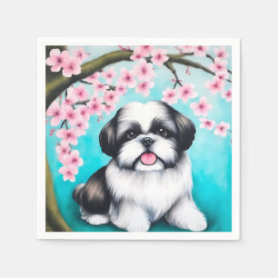 Serviette En Papier Shih Tzu en fleurs de cerisiers orientaux