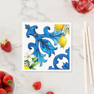 Serviette En Papier sicilien, été, citron, mosaïque, bleu