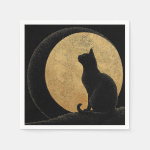 Serviette En Papier Silhouette de chat noir contre une lune d'or