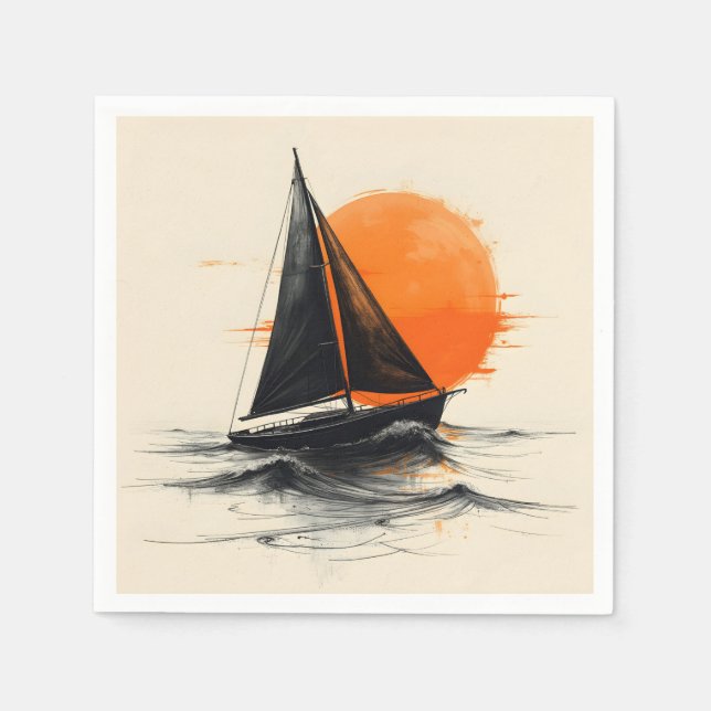 Serviette En Papier Silhouette Sketch De Voilier Avec Soleil Orange (Devant)