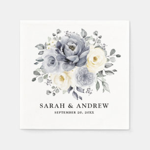 Serviette En Papier Silver Grey Ivory Floral hiver Rustique Mariage