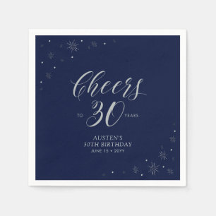 Serviette En Papier Silver & Navy Blue Cheers 30e fête d'anniversaire