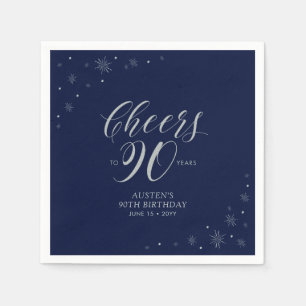 Serviette En Papier Silver & Navy Blue Cheers 90e fête d'anniversaire
